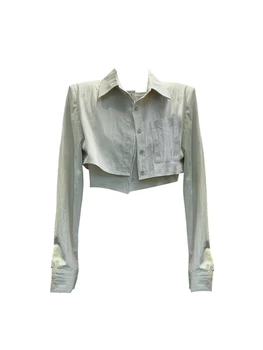 2023, Корейски Стил, модни дамски укороченная риза в стил ретро, фалшиви дамска блуза от две части с ревери в стил мозайка, ретро плътен цвят, просто шик