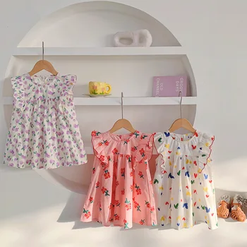 2023 Лятна бебешка рокля с разпокъсани цвете Модно рокля на корейската версия на Love Рокля с ръкави във формата на лотос на Детски дрехи
