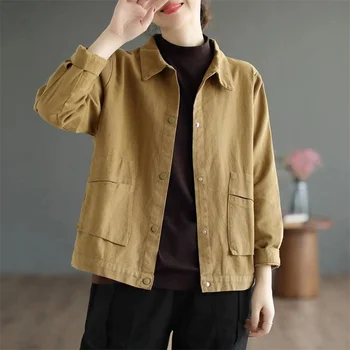 2023, Ново палто, свободна памучен яке голям размер с дълъг ръкав, дамски пролетно-есенна риза с ревери, тънка горна дреха, жена модерен топ