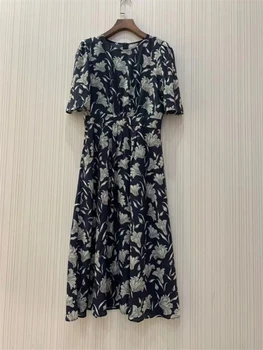 2023 Пролетно-лятно ново женствена рокля в ретро стил с тънка талия и цветисти принтом от 100% естествена коприна