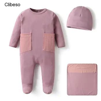 2023 Стегнати памучни суитчър с шапки за момиченца, одеяла, гащеризон за новородени с джобове-вафельками, дрехи