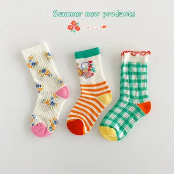 3 чифта детски чорапи, пролетно-летни чорапи с сетчатыми дупки за момчета и момичета, изпъстрен дантелени чорапи с цветен модел