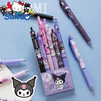6 бр. Натурален гел писалка Sanrio Kuromi Press Type Неутрална Дръжка черна Химикалка за подпис 0,5 Студентски творчески дръжка във формата на сърце за сладки момичета