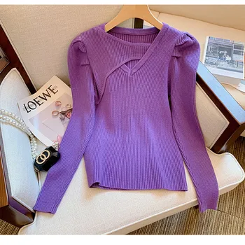 DALMAZZO/ пролетно-летния тесен пуловер с изрезки, дамски пуловер с V-образно деколте и дълъг ръкав, тънки обикновена възли блузи, женски