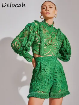 Delocah, благородна лятна дамска модна дизайнерска блуза с ръкав-фенерче, дантелени отворени блузи, костюми с къси панталони с висока талия