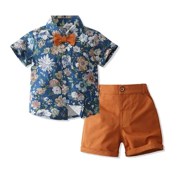 FOCUSNORM, 2 цвята, комплекти плажни дрехи за малки момчета, джентльменская дрехи от 0 до 5 години, Ризи с къс ръкав с флорални принтом, папийонка + Шорти