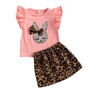 FOCUSNORM/летни комплекти дрехи за малките момичета от 0 до 5 години, 2 бр. тениски с пайети и животните принтом, блузи, поли леопардовые