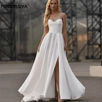 RODDRSYA Сватбена рокля трапецовидна форма 2023, идеалното атласное сватбена рокля без ръкави с пайети във формата на сърце, Vestidos De Новия с висока цепка