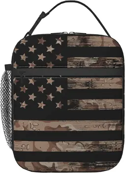 Американски флаг с пустинен камуфлаж, изолирано чанта за обяд, за многократна употреба обяд-бокс, Преносим чанта за обяд, за жени, мъже и деца