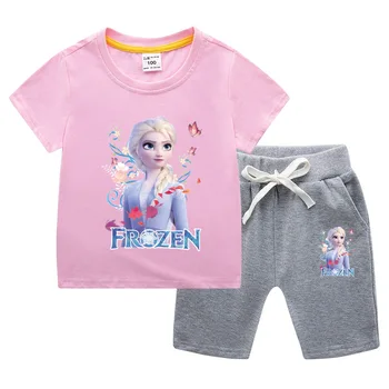 Бебешки комплекти с къси ръкави 2023, летни дрехи принцеса Елза с анимационни герои за момичета, един сладък комплект с къс ръкав за момиченца