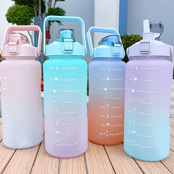 Бутилка за вода с обем 2 л, мотивационни бутилка за пиене, спортна бутилка за вода със стикери с марка време, преносими пластмасови чаши за еднократна употреба
