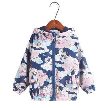 Водоустойчива горна дрехи за малките момичета, детски якета с качулка, пролетно-есенен детски дрехи, якета принцеса с единорогом за момичета