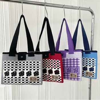 Вязаная чанта ръчна изработка, женствена чанта на китката с голям възел, японската ежедневна чанта-тоут с цветя в шахматна дъска модел, студентски торби за многократна употреба за пазаруване