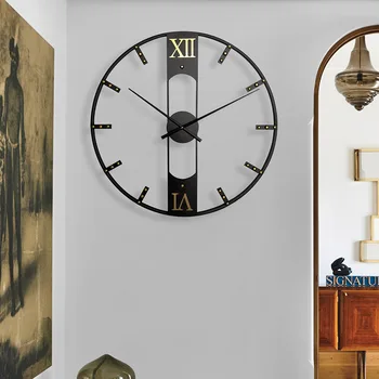 Голям Стенен часовник с римски цифри Модерен 3D Кръгъл метален чугун точен Безшумен окачен украшение в скандинавски стил за декориране на дневната