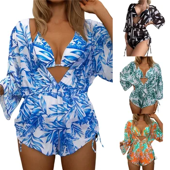 Дамски летни комплекти бикини от 3 бр., блузи с дълги ръкави + сутиен с цветен модел на врата + обикновен ремък