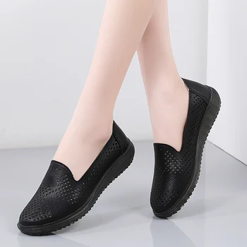 Дамски модел обувки от естествена кожа, лятна спортна градинска обувки на равна подметка, леки нескользящие дишащи черни меки лоферы, размери 35-41, маратонки