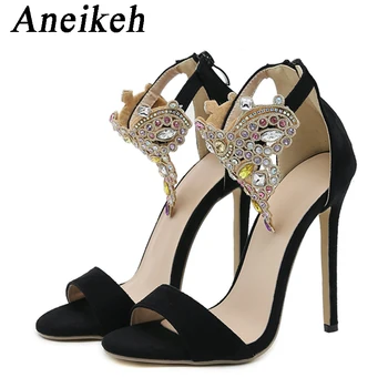 Дамски обувки Aneikeh; Летни Сандали от Флока с украса във вид на кристали; Сандали на тънък ток, с Остри пръсти; Вечерни Модни Сандали с цип Полка точки