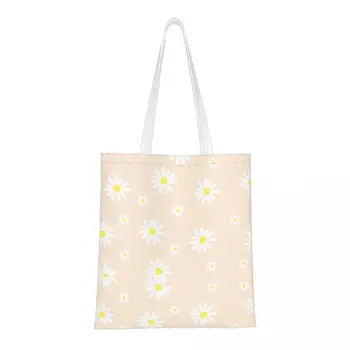 Дамски чанта през рамо с цвете маргаритки, множество чанта за пазаруване, эстетичная чанта за пазаруване с голям капацитет, ретро-холщовая чанта за дами