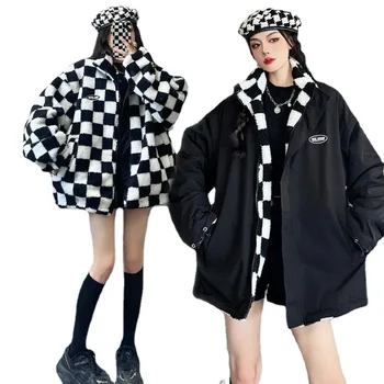 Дамско палто от вълна от овце и от двете страни, женски Ново свободно и утолщенное зимно дамско памучни палто голям размер