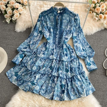 Дамско пролетно-есенни подиумное модно рокля с дълъг ръкав и набори, дамско луксозно винтажное рокля с отворен гръб TB485