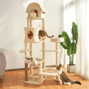 Етажната сграда с кула за домашни котки, многослоен дървена къщичка за котки на дървото, Котешка легло голям размер, гнездо от сизал, когтеточки за котки, играчки за котенков