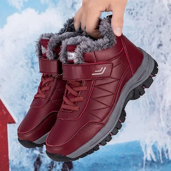 Зимни обувки за възрастни хора 2022 г., нова памучен водоустойчив кожено топло памучен обувки с висок берцем, градинска топли обувки за ходене, женски маратонки