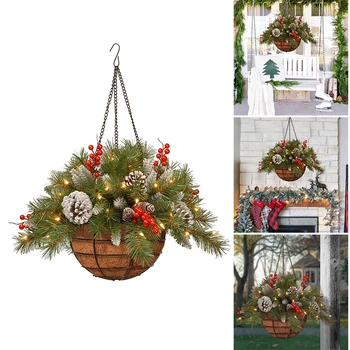 Изкуствена Коледна подвесная кошница с различни декорации и бели led светлини, Висящи украшение Коледен декор