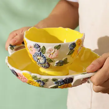 Керамична купа за супа, подглазурный цветен релеф, ръчно рисувана чаша за закуска, купа за спагети, плодови чиния, салатница, набор от прибори за домашна употреба