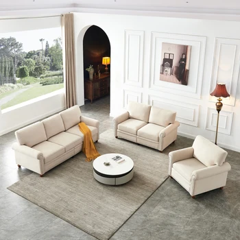 Класически диван за дневна, бежовата плат 1+2+3 седалка