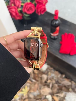 Коледна Червена Кожена каишка Ограничена Серия за Apple Watch Band 41 мм 40 мм 38 мм За iwatch Series 8 7 SE 6 Lady Gold Strap Design