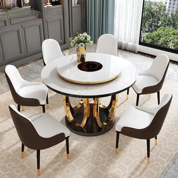 Комбинацията маса за хранене и 6 стола с превръщането на масата от неръждаема стомана, кръгла маса, кухненски мебели за голям апартамент