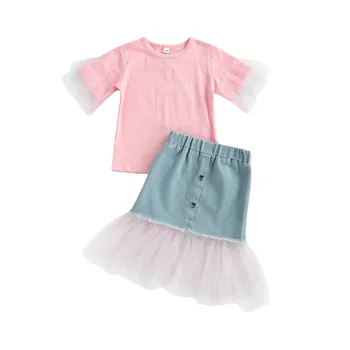 Комплект детски костюм от 2 теми за малките момичета 2021 г., Тениска с кръгло деколте и къси ръкави за момичета + къси деним пола на лятото, Розов