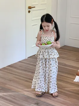 Комплекти Дрехи за момичета от 2 до 8 години, 2023 Лято корейски блузи с флорални принтом + свободни панталони, детски сладък костюми от две части
