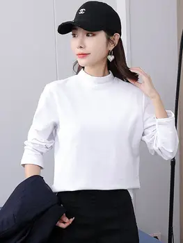 Корейската долната риза с къс воротом, дамски кадифе подплата, есенно-зимна новост, благородна тънка тениска с дълъг ръкав