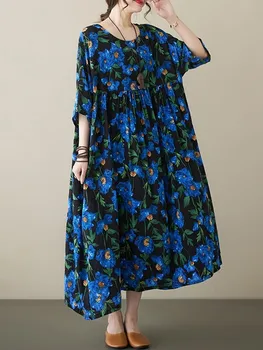 Корейската мода С къс ръкав, извънгабаритни памук, Реколта Рокля с цветен модел За Жени, Ежедневното Свободно Maxi-Дълга Секси Лятна Рокля 2023