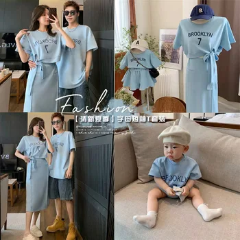 Корейски дрехи за родители и за деца и лятна почивка фалшива облекло за майката, тениска с къси ръкави, пола-полукомбинезон, комплект от две части