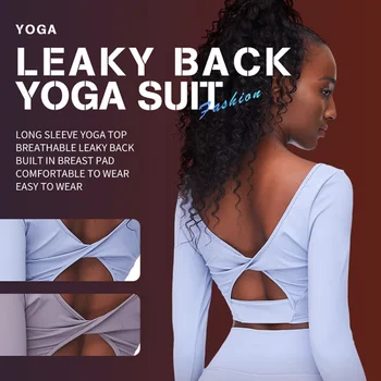 Костюм за йога твърдо на цвят, с висока еластичност, възглавница за гърди, красива задната йога с дълги ръкави, секси открит пъпа за фитнес и спорт за жени