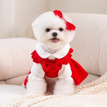 Кученцето е С Лък и Възел Рокля Комплект Зимни Топли Дрехи За Кучета за домашни Любимци Коледна Рокля на Принцеса Плюшен Однотонная Пола Изпрати Клип