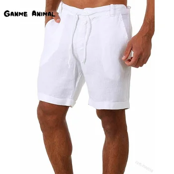 Летни мъжки обикновена плажни панталони, къси панталони, Мъжки къси ежедневни ленени панталони копчета, S-4XL