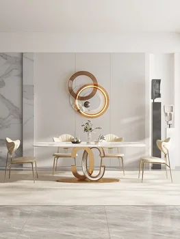 Луксозна маса от ярка плоча, модерен прост дизайн на правоъгълна маса за хранене е от висок клас