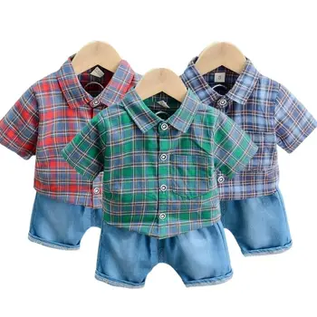 Лятна памучен детска риза в клетка за малки момчета и шорти, 2 бр./компл., детски дрехи за разходки, спортни костюми за деца