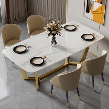 Модерна луксозна комбинация на обедната маса и столове в стил рок-н-рол, италиански минималистичен стил, малък апартамент с правоъгълна форма, светла