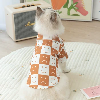 Модерна риза за малки кучета, лятна пролет мила дизайнерски дрехи, жилетка в клетката с изображение на котка, сладка пижама за домашни любимци, пудел малтийски териер