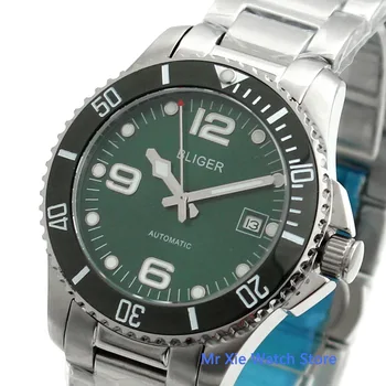 Мъжки автоматичен часовник Bliger със зелен циферблат 40 mm керамичен bezel, сапфирен кристал, светещи водоустойчив ръчен часовник за мъже