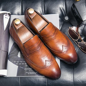 Мъжки официалната обувки, кожени кафяви джентльменские вечерни сватбени обувки, лоферы, мъжки обувки, без закопчалка, бизнес мъжки обувки 38-46