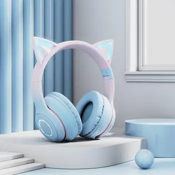 Нови безжични слушалки Kawaii Bluetooth наклон на цвят, с кошачьими уши, подвижни микрофона, Rgb осветление, сгъваема детска музикална слушалки