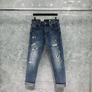 Оръфан джинси с дупки, мъжки луксозни дънки, най-високо качество, выстиранные сини ретро-дънкови панталони, Модерни ежедневни директни мъжки дънкови панталони от чист памук