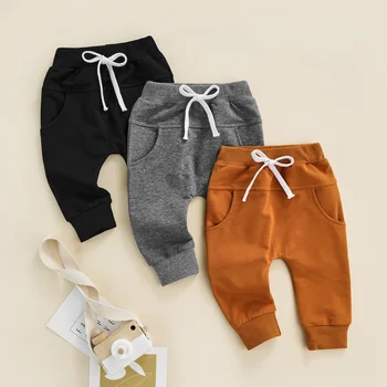 Панталони за новородени момчета и момичета с еластичен ластик на талията и регулируеми шнурком, обикновена дълги панталони свободно намаляване в стила на свободното време, дрехи за деца