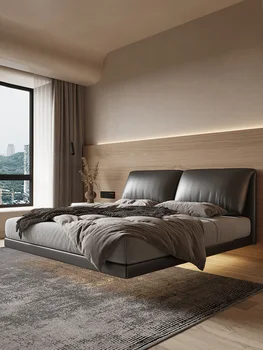 Плаващ легло от естествена кожа, тих вятър, голямо легло в основната спалня, италианска лека луксозно легло, проста легло от масивна дървесина в мека обертке