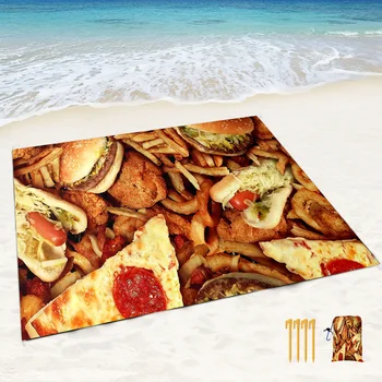 Плажна одеяло, водонепроницаемое, защитено от пясък, плаж мат с принтом за бургери, пица, заведения за бързо хранене, с ъглови джобове, преносим окото чанта за плаж, пикник